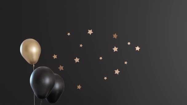 黄金一号和漂浮在黑色背景上的氦气气球临时议程 项目1邀请参加第一个生日聚会 商业纪念日或任何庆祝第一个里程碑的活动 3D运动图形 — 图库视频影像