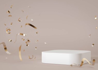 Tarafsız bir zeminde yüzen altın konfetiyle zarif bir kaide. Ürün gösterisi, kutlamalar ve lüks sunumlar için mükemmel. Podyum modeli. 3 Boyutlu Hazırlama