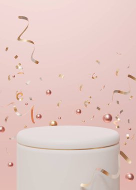 Altın kenarlı kaideyle süslenmiş zarif, pembe dikey arka plan, yüzen altın konfeti ve incilerle çevrili, vitrin ürünleri, lüks etkinlikler, kutlama görselleri için ideal. Üç Boyut