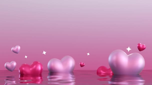 Fond Animé Rose Avec Des Cœurs Brillants Étoiles Eau Espace — Video