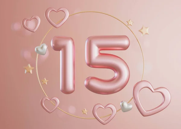 Shiny number fifteen with hearts and stars on light pink background. Symbol 15. Invitation for a girls fifteenth birthday party or women business anniversary. Pastel colors. 3D render