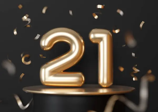 Golden, shiny number twenty one on black background with falling down confetti. Symbol 21. Invitation for a twenty-first birthday party or business anniversary. 3D Render