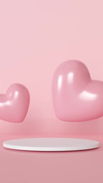 有粉色动画心的白色讲台 情人节 母亲节 模仿产品 化妆品展示 美容品的忠诚 舞台与复制空间 垂直3D动画 — 图库视频影像
