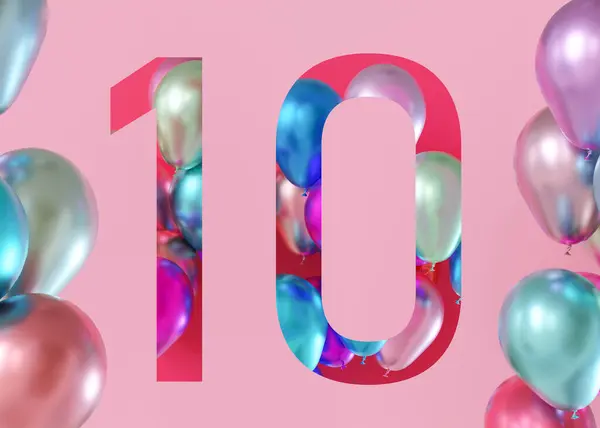 Number ten on pink background, with vibrant, colorful balloons. Symbol 10. Tenth birthday party, business anniversary. Festive event. Modern, trendy numbers. 3D render
