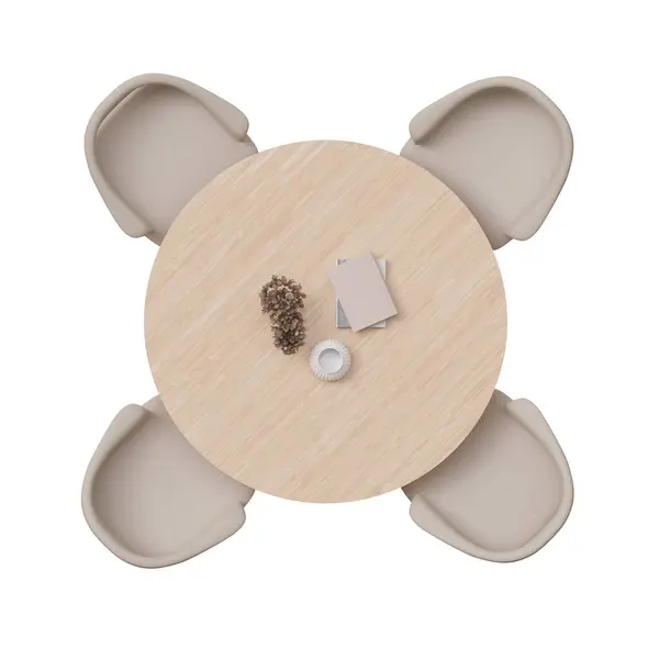 头顶上有一张木制桌子和米色椅子的餐桌 在白色背景下孤立的圆桌会议 剪掉家具 顶部视图 平面图元素 3D渲染 — 图库照片