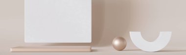 Soyut beyaz ve metalik şekilli boş minimalist sahne. Bej arka plan. Ürün için şablon, kozmetik sunum. Model yap. Boş arkaplan, kopyala alanı. Göster, göster. 3 Boyutlu Hazırlama