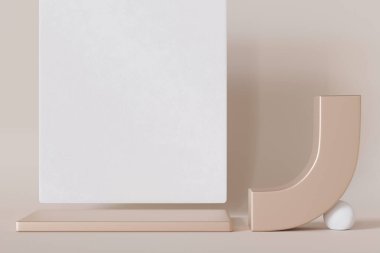 Soyut beyaz ve metalik şekilli boş minimalist sahne. Bej arka plan. Ürün için şablon, kozmetik sunum. Model yap. Boş arkaplan, kopyala alanı. Göster, göster. 3 Boyutlu Hazırlama