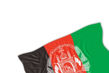Beyaz arka planda izole edilmiş kıvrımlı gerçekçi Afganistan bayrağı. Dipnot, köşe tasarım elemanı. Vatansever temalar ya da ulusal organizasyonlar için mükemmel. Boşluk, kopyalama alanı. 3 Boyutlu Hazırlama