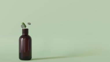Bitkisel haplarla dinamik bir kompozisyon ve şişeden filizlenen bir bitki homeopatik ilaçların doğal özünü gösteriyor. Uzayı metin için kopyala. Alternatif tıp. 3 Boyutlu Canlandırma