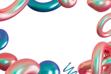 Soyut holografik pembe ve mavi üç boyutlu şekillere sahip, beyaz arka planda izole edilmiş oyuncu bir çerçeve. Yanardöner renkler. Modern sınır, y2k tarzı. Uzayı ortaya kopyala. Renk farkı. 3 Boyutlu Hazırlama