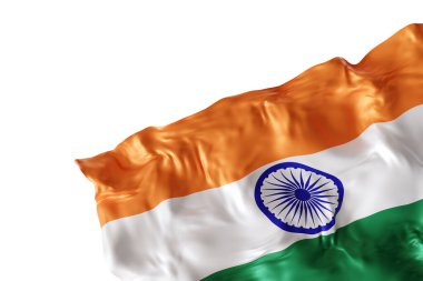 Beyaz arka planda izole edilmiş kıvrımlı Hindistan bayrağı. Dipnot, köşe tasarım elemanı. Kes şunu. Vatansever temalar ya da ulusal organizasyonlar için mükemmel. Boşluk, kopyalama alanı. 3 Boyutlu Hazırlama
