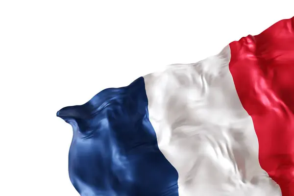 stock image Realistic flag of France with folds, isolated on white background. Footer, corner design element. Cut out. Perfect for patriotic themes or national event promotions. Empty, copy space. 3D render