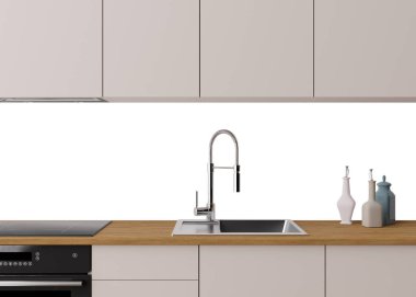 Modern mutfak su sıçratma modeli. Mutfak mobilyaları ve boş beyaz izole arka duvar resim eklemeye hazır. Minimalist tasarım. Arka duvar model, şablon. Tezgah ve üst dolaplar. Üç Boyut