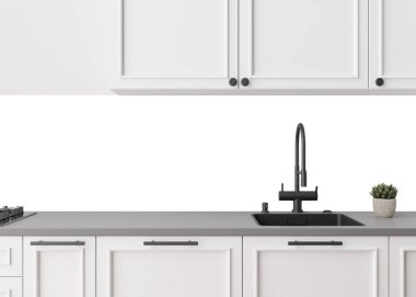 Modern mutfak su sıçratma modeli. Mutfak mobilyaları ve boş beyaz izole arka duvar resim eklemeye hazır. Minimalist tasarım. Arka duvar model, şablon. Tezgah ve üst dolaplar. Üç Boyut