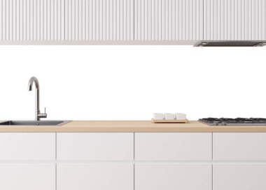 Modern mutfak su sıçratma modeli. Mutfak mobilyaları ve boş beyaz izole arka duvar resim eklemeye hazır. Minimalist tasarım. Arka duvar model, şablon. Tezgah ve üst dolaplar. Üç Boyut