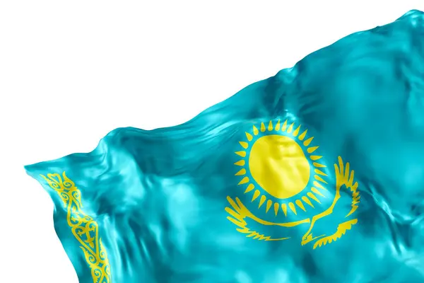 stock image Realistic flag of Kazakhstan with folds, isolated on white background. Footer, corner design element. Cut out. Perfect for patriotic themes or national event promotions. Empty, copy space. 3D render