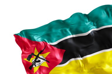 Mozambik 'in beyaz arka planda izole edilmiş katları olan gerçekçi bayrağı. Dipnot, köşe tasarım elemanı. Kes şunu. Vatansever temalar ya da ulusal organizasyonlar için mükemmel. Boşluk, kopyalama alanı. 3 Boyutlu Hazırlama
