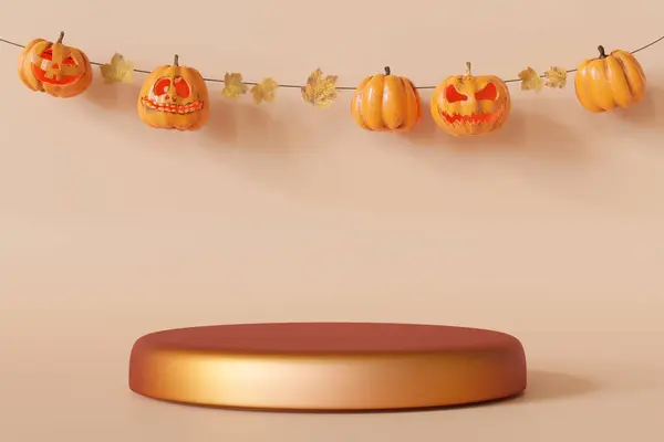 stock image Charming Halloween podium set against soft orange backdrop, adorned with carved jack-o-lanterns and autumn leaves, ideal for festive product displays, seasonal promotions, and holiday marketing. 3D