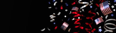 Vibrant image of American flag-themed confetti falling against a dark background, perfect for festive occasions like Independence Day, Memorial Day, or political events. Banner with copy space. 3D clipart