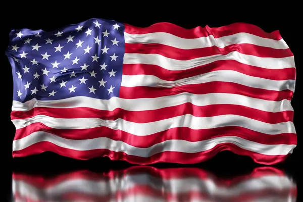 Stock image Majestic and vibrant depiction of the American flag, rippling with glossy reflection on a dark surface, ideal for patriotic themes, national holidays, and celebrations of American heritage. 3D render