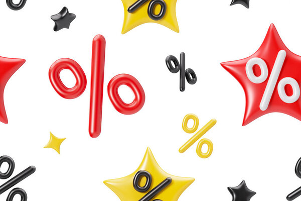 Engaging seamless pattern featuring colorful 3D percentage symbols and stars in red, black, and yellow scattered playfully on white background, perfect for advertising promotions and sales events. 3D