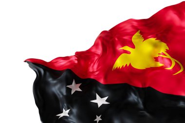 Papua Yeni Gine 'nin gerçekçi bayrağı, beyaz arka planda izole edilmiş. Dipnot, köşe tasarım elemanı. Kes şunu. Vatansever temalar ya da ulusal organizasyonlar için mükemmel. Boşluk, kopyalama alanı. 3 Boyutlu Hazırlama