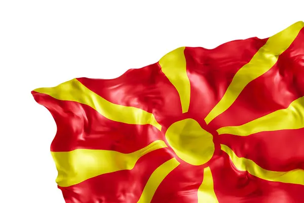 stock image Realistic flag of North Macedonia, isolated on white background. Footer, corner design element. Cut out. Perfect for patriotic themes or national event promotions. Empty, copy space. 3D render