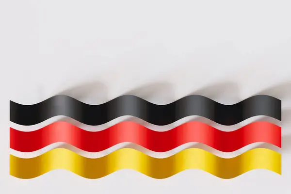 stock image Minimalist artistic rendering of the German flag, featuring flowing ribbons of black, red, and yellow on white background, ideal for patriotic themes. Copy space for text. 3D render