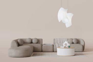 Lüks, nötr, zarif aksanlı kanepe, zarif yuvarlak kahve masası ve sanatsal, akıcı kolye ışıkları, çağdaş ev için mükemmel. Mobilya dükkanı konsepti. İç dizayn. Uzayı kopyala Üç Boyut