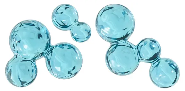 stock image Vivid 3D render of water molecules in varying sizes, showcasing translucent blue spheres connected seamlessly, isolated on white background, symbolizing molecular structure and scientific concept