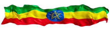 Beyaz arka planda izole edilmiş Etiyopya bayrağı rüzgarda sallanıyor. Dipnot, başlık veya bölme. Geniş, panoramik elementi kes. Vatansever temalar ya da ulusal organizasyonlar için afiş. Üç Boyut