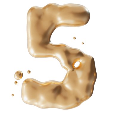 Dinamik altın sıvısı 5 numara, beyaz arka planda izole edilmiş. Zarif sıvı, lüks metalik yüzey. Beş numara. Akıp giden erimiş altın. Tasarım öğesini kes. Beşinci yaş günü, yıldönümü. Üç Boyut