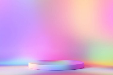 Neşeli, gökkuşağı podyumu. Ürünlerin ve oyuncakların altını çizmek için ideal. Boş sahne. Terfi için sahne ya da gösteri. Renkli bir geçmiş. Renk farkı. 3 Boyutlu Hazırlama