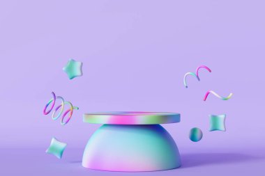 Oyuncu, gökkuşağı podyumu, uçan bükülmeler ve diğer şekiller. Ürünlerin ve oyuncakların altını çizmek için ideal. Boş sahne. Sahne, vitrin, vitrin. Açık mor arkaplan. Renk farkı. 3 Boyutlu Hazırlama