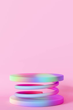 Neşeli, gökkuşağı podyumu. Ürünlerin ve oyuncakların altını çizmek için ideal. Boş sahne. Terfi için sahne ya da gösteri. Pembe, dikey arka plan. Renk farkı. 3 Boyutlu Hazırlama