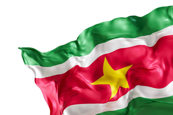Realistic flag of Suriname with folds, isolated on white background. Footer, corner design element. Cut out. Perfect for patriotic themes or national event promotions. 3D render