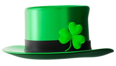 Green St. Patricks Day hat, adorned with black band and green shamrock. Isolated on white background. Glossy, festive hat is a symbol of Irish heritage. Cut out design element. 3D render clipart