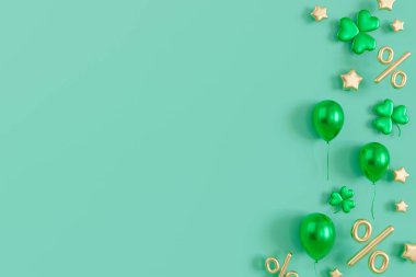 Festive St. Patricks Day-themed background featuring green balloons, shamrocks, golden stars and percentage symbols on pastel green backdrop. Celebratory mood perfect for discounts, promotions. 3D clipart