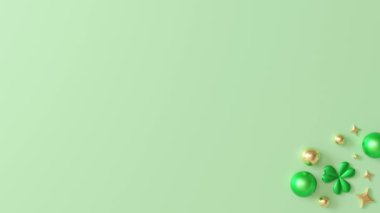 Yeşil ve altın elementler, yoncalar ve yıldızlardan oluşan minimalist St. Patrick Günü temalı tasarım yumuşak yeşil arka planda saçıldı. Boş alan, mesaj için mükemmel. 3 Boyutlu Hazırlama