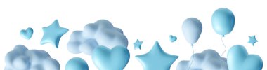 Playful Its a Boy themed footer design featuring blue hearts, stars, clouds and balloons. Ideal for baby shower invitations, birth announcements and festive decorations. Bottom border. Foreground. 3D clipart