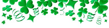 St. Patricks Day themed header design featuring vibrant green clovers, stars, ribbons. This festive graphic element is perfect for digital projects, banners, event decorations. Irish culture. 3D clipart