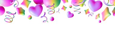 Vibrant, playful header featuring colorful iridescent stars, spirals and spheres. This lively and festive graphic adds cheerful and dynamic touch to party invitations, banners and digital designs. 3D clipart