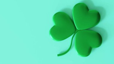 Minimalist Aziz Patrick Günü temalı tasarım yeşil arka planda dönen yonca içeriyor. Boş alan, mesaj için mükemmel. Neşeli İrlanda tatil atmosferi. 3 Boyutlu Canlandırma