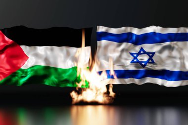 Filistin ve İsrail bayrakları yan yana yükselen alevler, devam eden çatışmaları ve gerilimi simgeliyor. Bölünme, kriz ve iki ülke arasındaki karmaşık ilişki teması. Üç Boyut