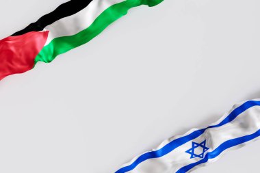 İsrail ve Filistin bayrakları, metin için kopyalama alanı var. Karmaşık ilişki, diplomasi birliği ve kültürel kimlik temalarının vurgulanması. İsrail ve Filistin arasındaki durum. 3 Boyutlu Hazırlama