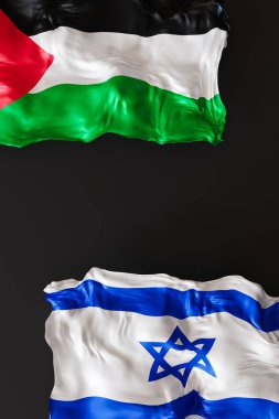 Karanlık arka planda İsrail ve Filistin bayrakları. Karmaşık ilişki, diplomasi birliği kültürel kimlik temalarının vurgulanması. İsrail ve Filistin arasındaki durum. Dikey 3D görüntüleme. Boşluğu kopyala