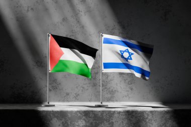Filistin ve İsrail bayrakları yan yana, çarpıcı ışıklandırmayla aydınlanmış, dokulu, beton zemine karşı. Zıtlık ve gerginlik, aynı zamanda iki ülke arasında diyalog umudu. Üç Boyut