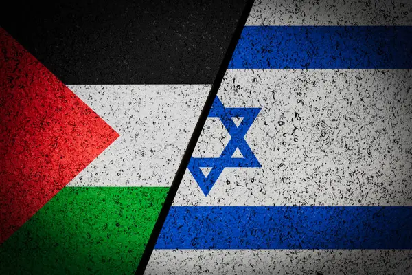 İsrail ve Filistin 'in bayrakları çapraz çizgiyle bölünmüş, bölünmeyi sembolize ediyor, ilişkideki karmaşıklığı. Sert dokular derinlik katar, barış ve anlayış arayışındaki zorlukları temsil eder. Üç Boyut