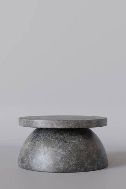Tarafsız gri arka planda minimalist beton podyum. Ürün sunumu için hazırlanın. Yaya ya da platform. Boş sahne. Sahne, vitrin, vitrin. Uzayı kopyala Reklamcılık, mallar. 3 Boyutlu Hazırlama