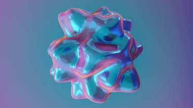 Soyut üç boyutlu yanardöner şekilli, pürüzsüz akışkan yüzeyli üç boyutlu animasyon mavi renkli canlı renkleri, değişken arkaplanda mor renkleri yansıtıyor. Fütürist, yaratıcı, teknoloji temalı projeler ve markalaşma için mükemmel.